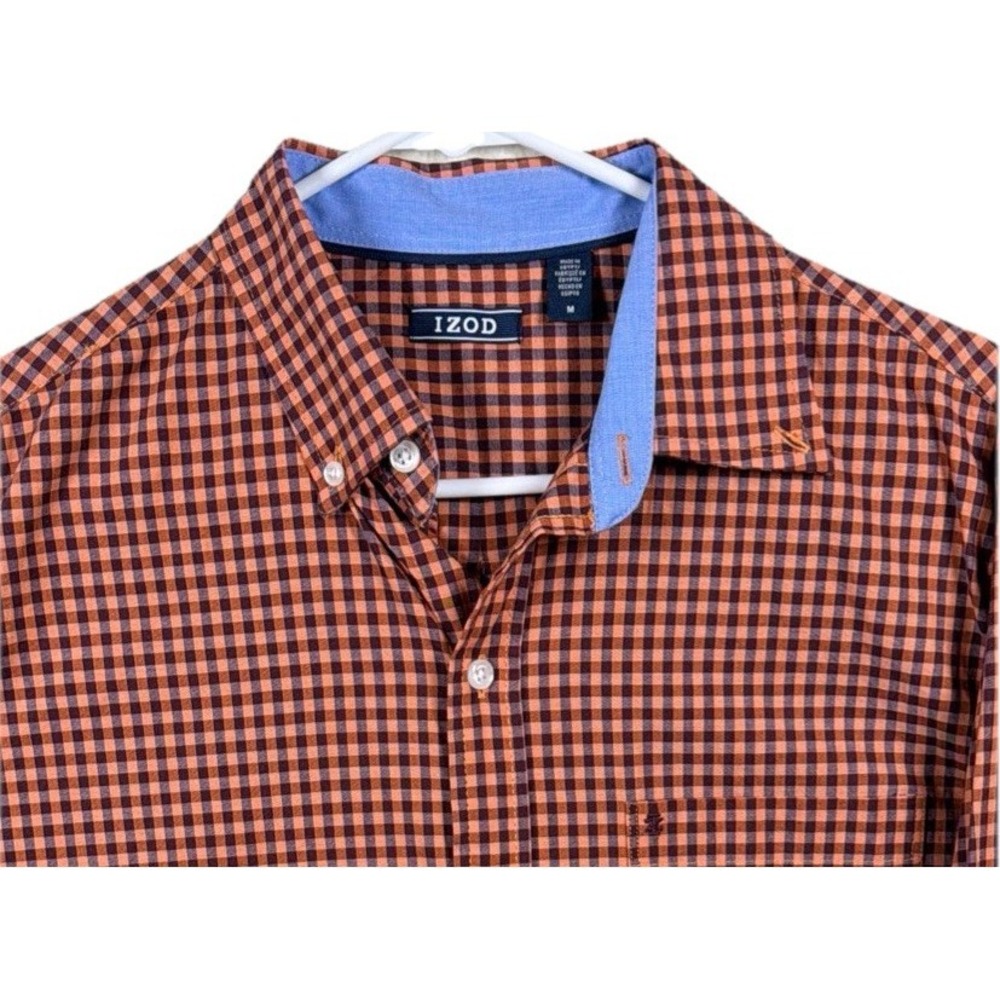IZOD Mens Medium Shirt Orange/Blue Gingham Long‎ Sleeve